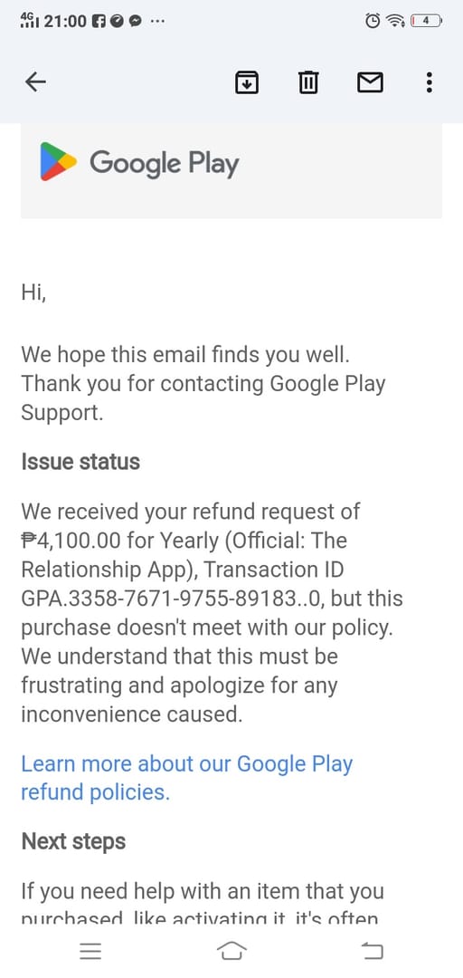 Official app-store refund request screen relevant to T3 Arena purchases, showing the billing support path used for refund review.