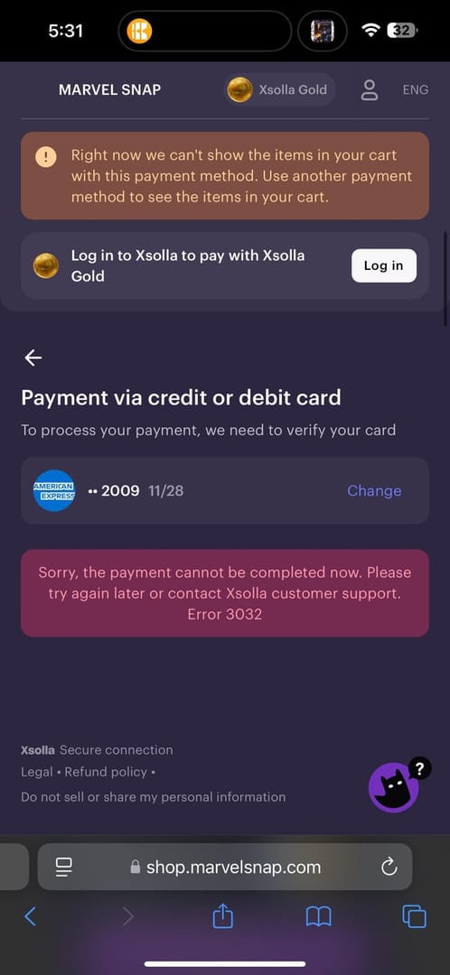 Экран оплаты или пополнения Marvel Snap, связанный с безопасной покупкой Premium Season Pass после неудачной транзакции