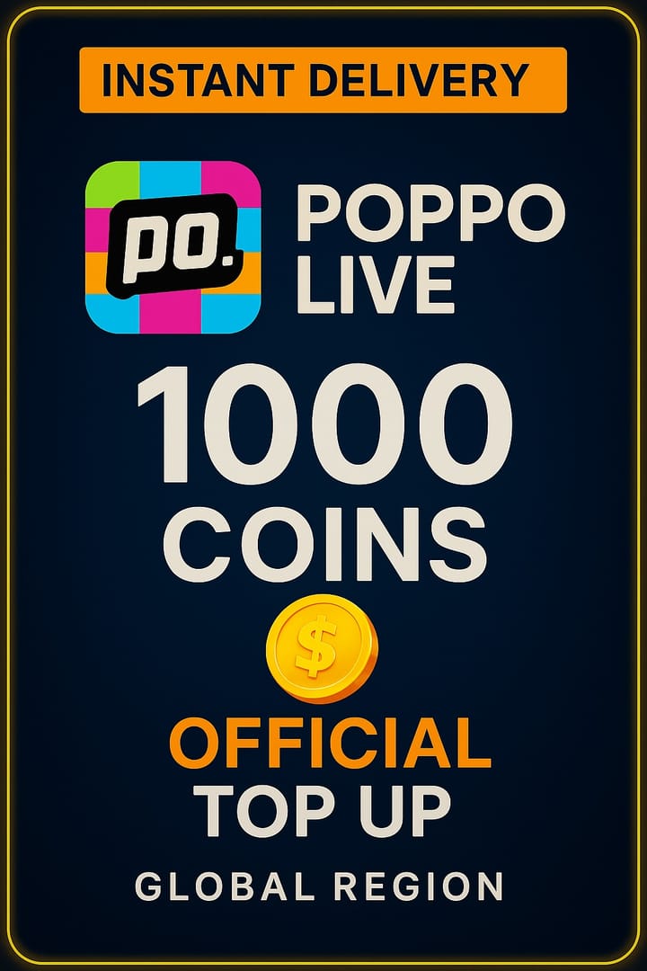 Step-by-step Poppo Live Coins top-up guide showing pack selection, UID entry, payment, and coin delivery process.