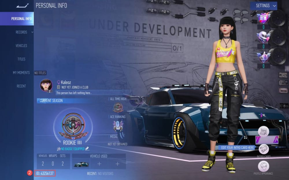 Ace Racer account screen showing where to find User ID and Zone or Server ID before top up