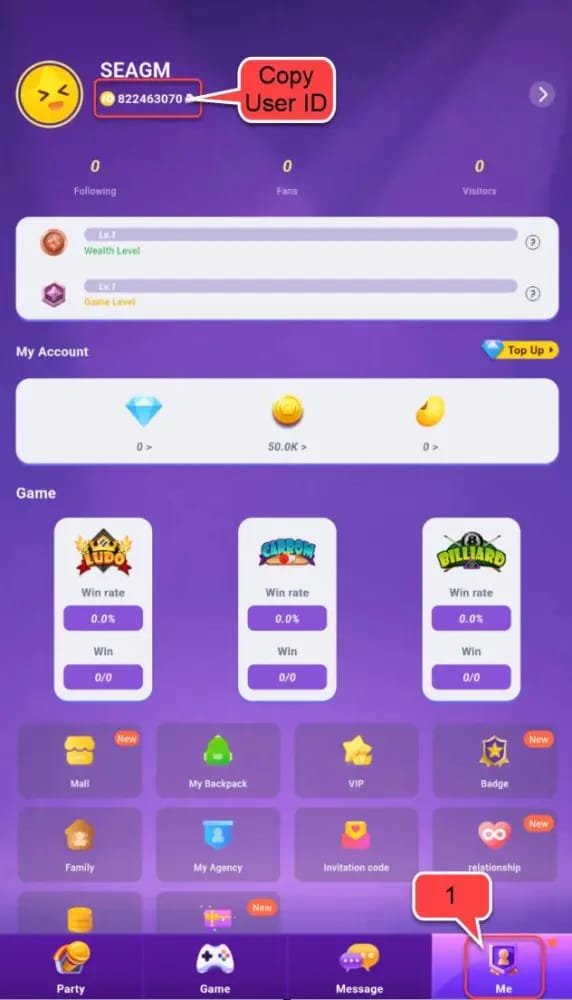Party Star account screen showing Player ID or user account details used to verify top up delivery destination