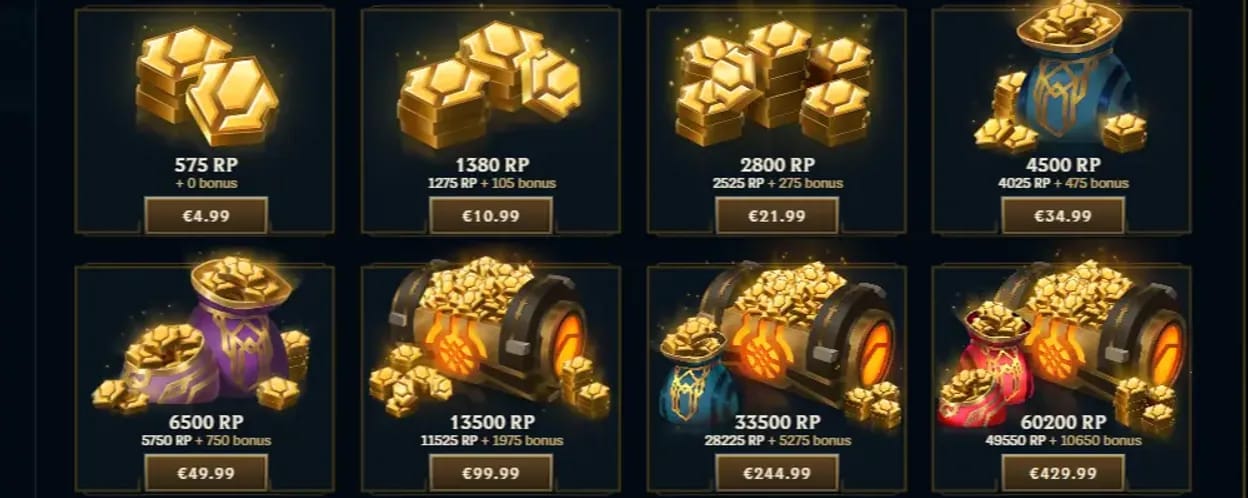 League of Legends RP checkout or order confirmation screen showing payment proof and account verification details