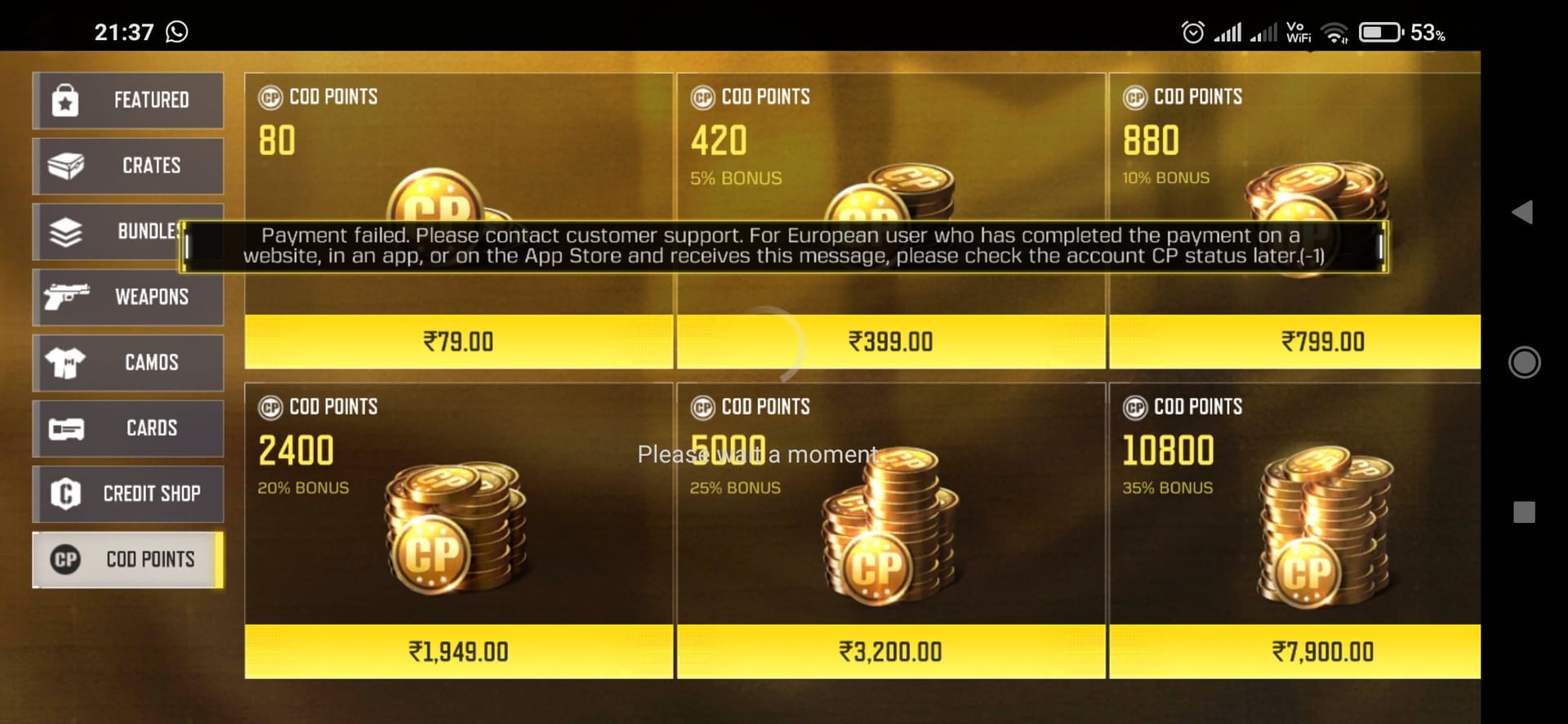 Payment confirmation or pending purchase screen related to Call of Duty: Mobile CP top up status checking