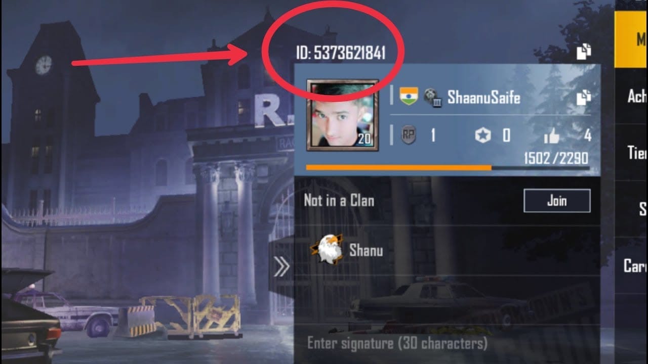 PUBG Mobile account profile screen showing where to find the Player ID or UID for UC top up