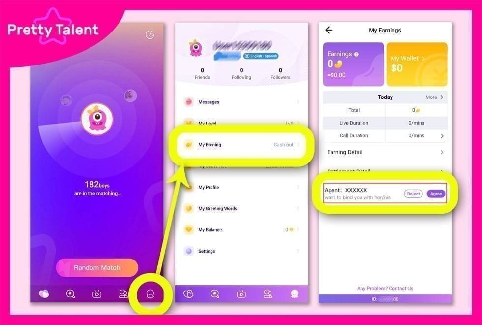 Interface du portefeuille de l'application Chamet montrant où trouver l'identifiant utilisateur avant de recharger des diamants