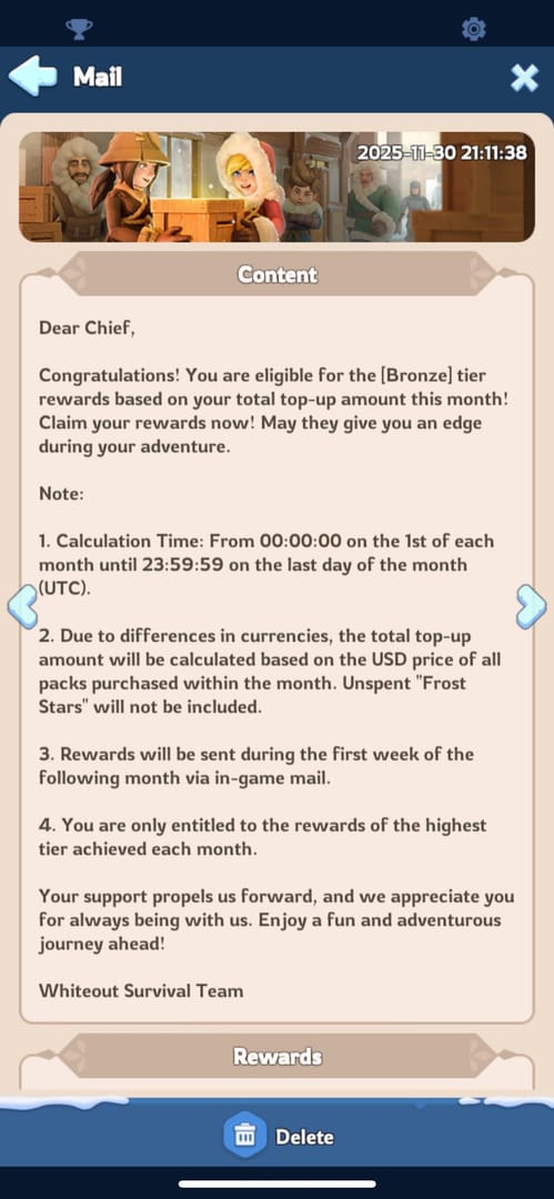 Whiteout Survival in-game mail or account screen used to check whether top up rewards have arrived