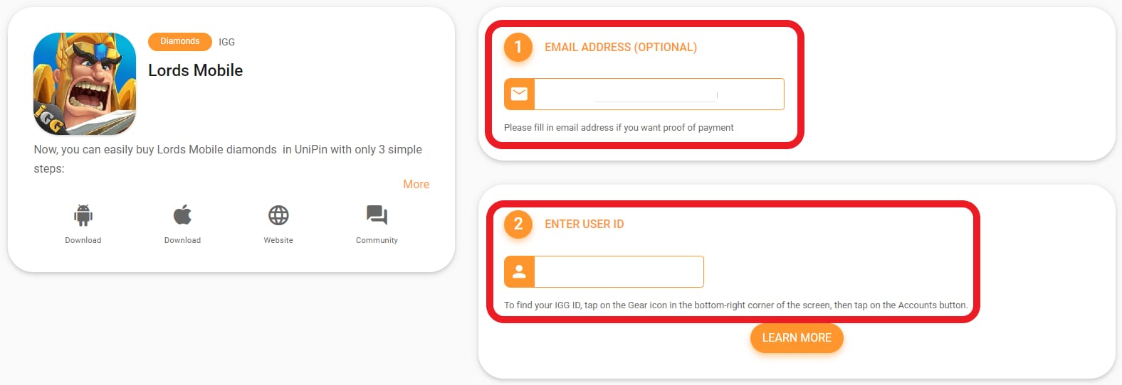 Guide visual showing the receipt proof and order details to save for a Lords Mobile bulk gems purchase