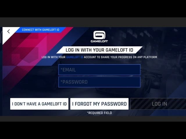 Asphalt 9 Legends 跨平台登入與 Gameloft ID 綁定示意圖，對照 iOS Android 與 PC