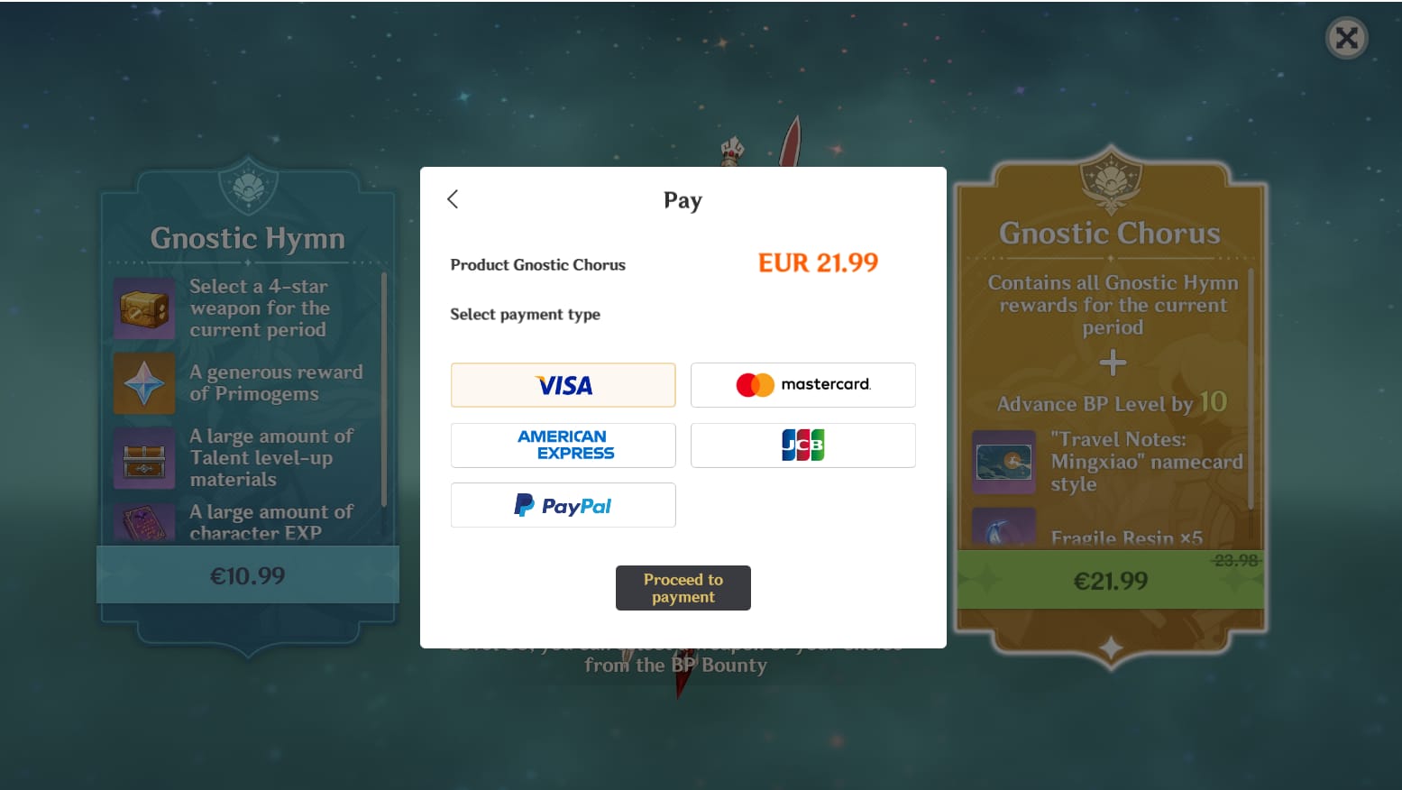 Genshin Impact top-up checkout flow with PayPal selected as the payment method
