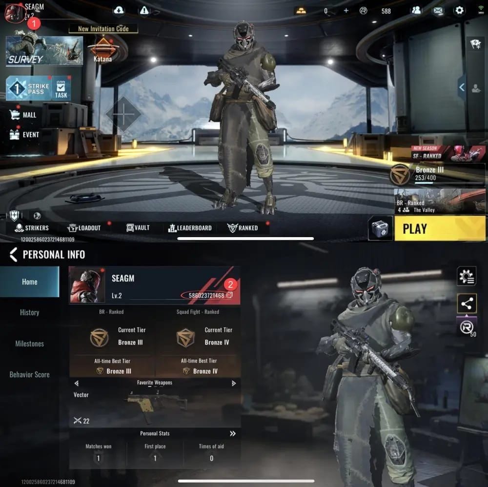 Blood Strike account screen showing player UID and top-up related interface