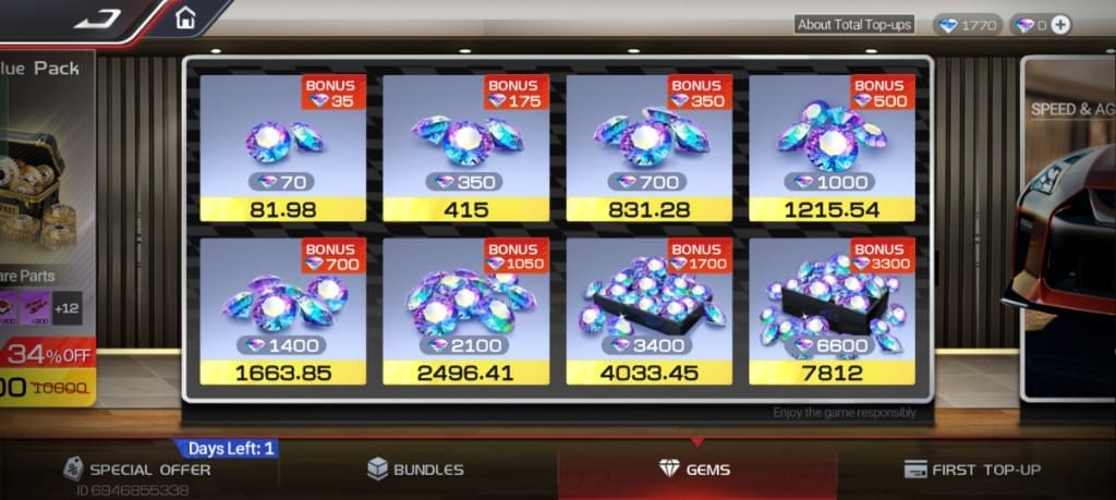 Racing Master Gems and Packs checkout screen with payment methods and final price review