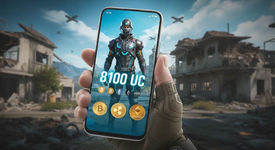 Crypto checkout page for PUBG Mobile UC showing coin selection and blockchain network details before payment