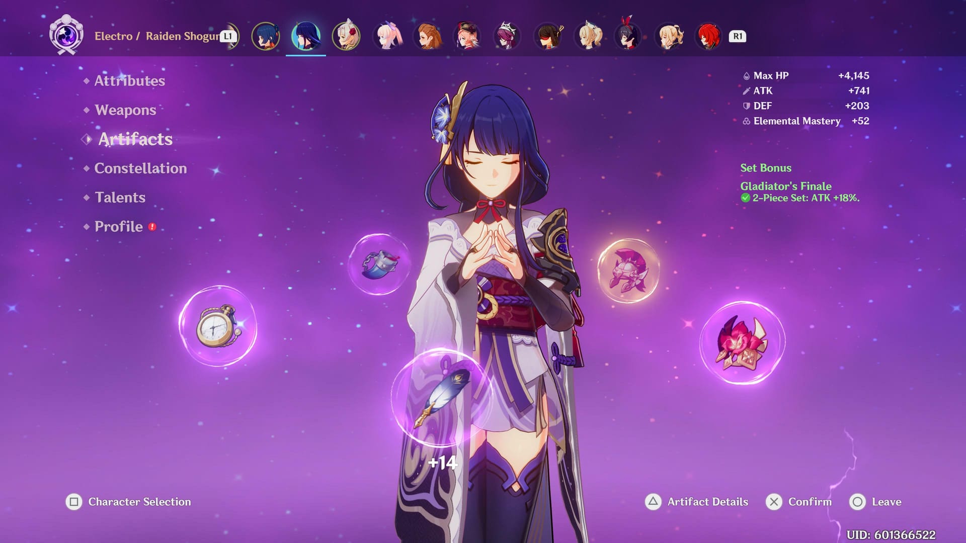 Genshin Impact character build interface showing artifact setup and stat optimization for meta teams