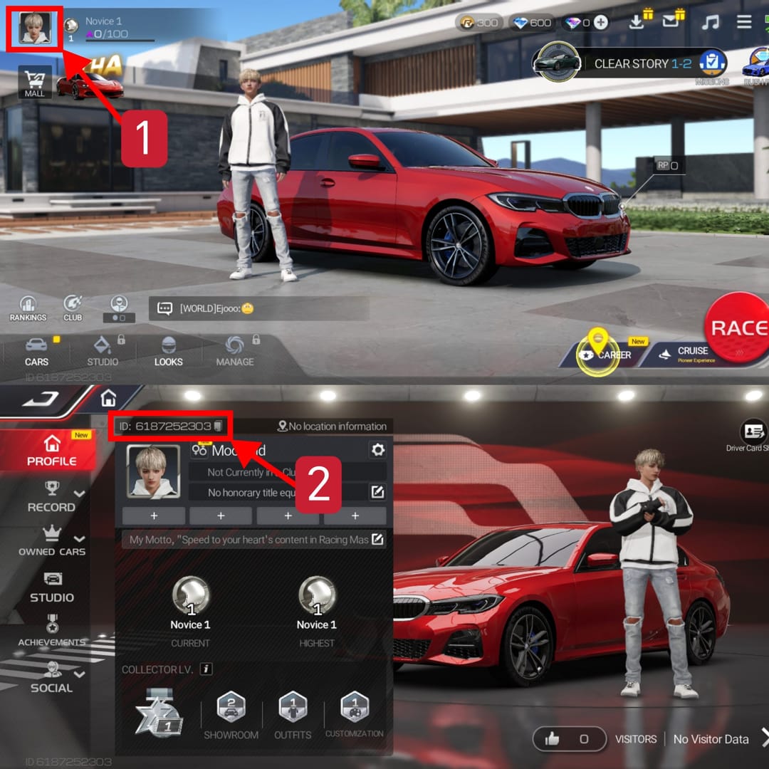 Racing Master Gems and Packs top-up form showing Player ID and server entry fields