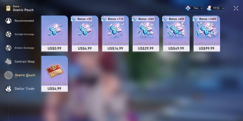Honkai: Star Rail Oneiric Pouch screen showing eligible Oneiric Shard packs and first top-up bonus indicator