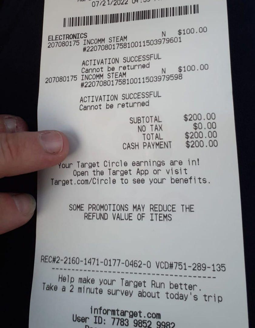 Steam Gift Card support evidence checklist with receipt, order ID, transaction ID, and payment screenshot