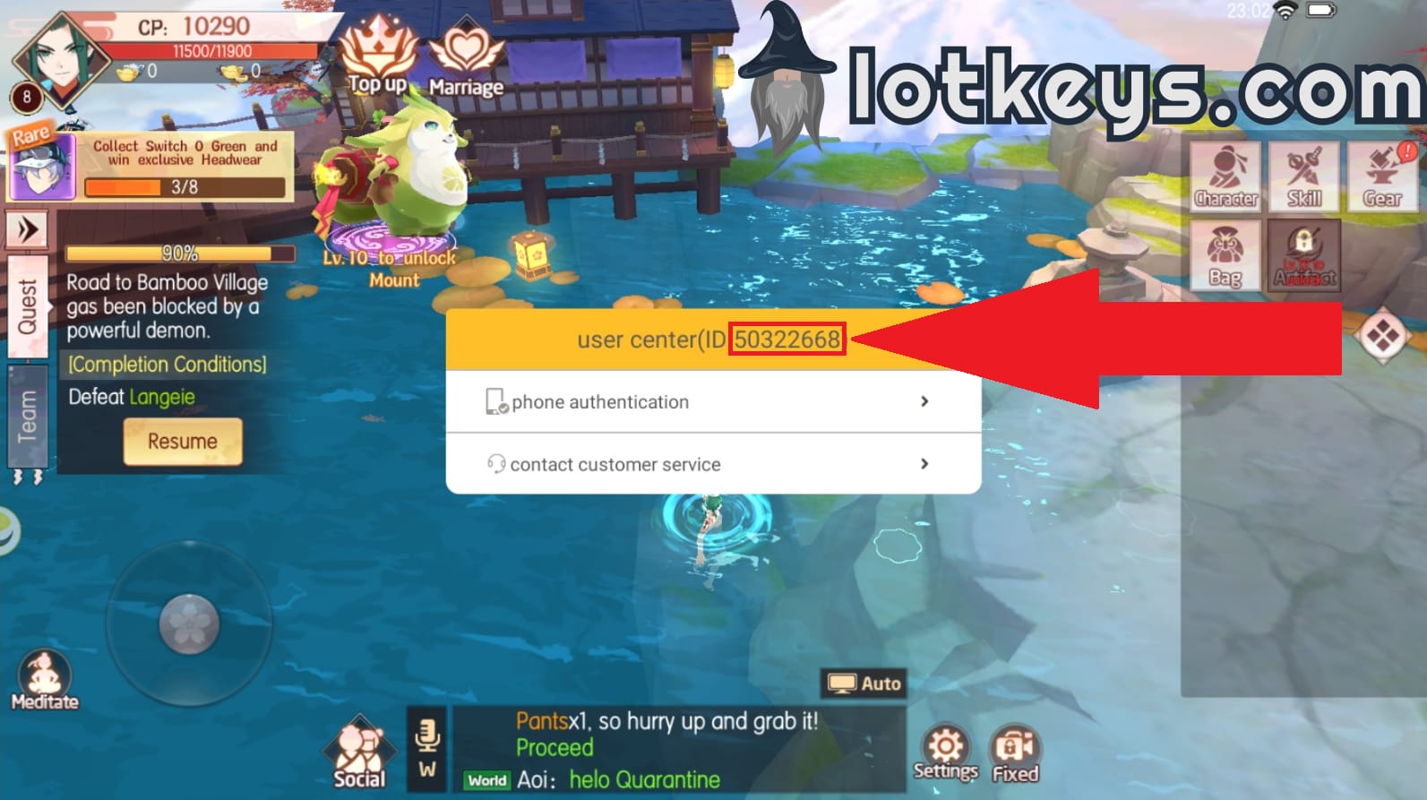 Tamashi: Rise of Yokai 게임 화면에서 UserID와 서버 정보를 확인하는 계정 인터페이스 예시