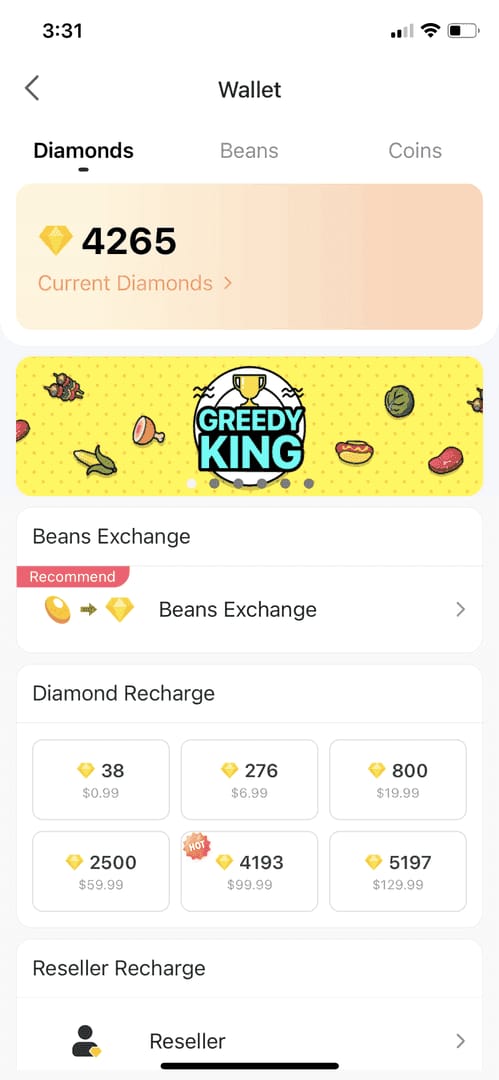 Bigo Live wallet history screen for checking pending or missing diamond recharge transactions