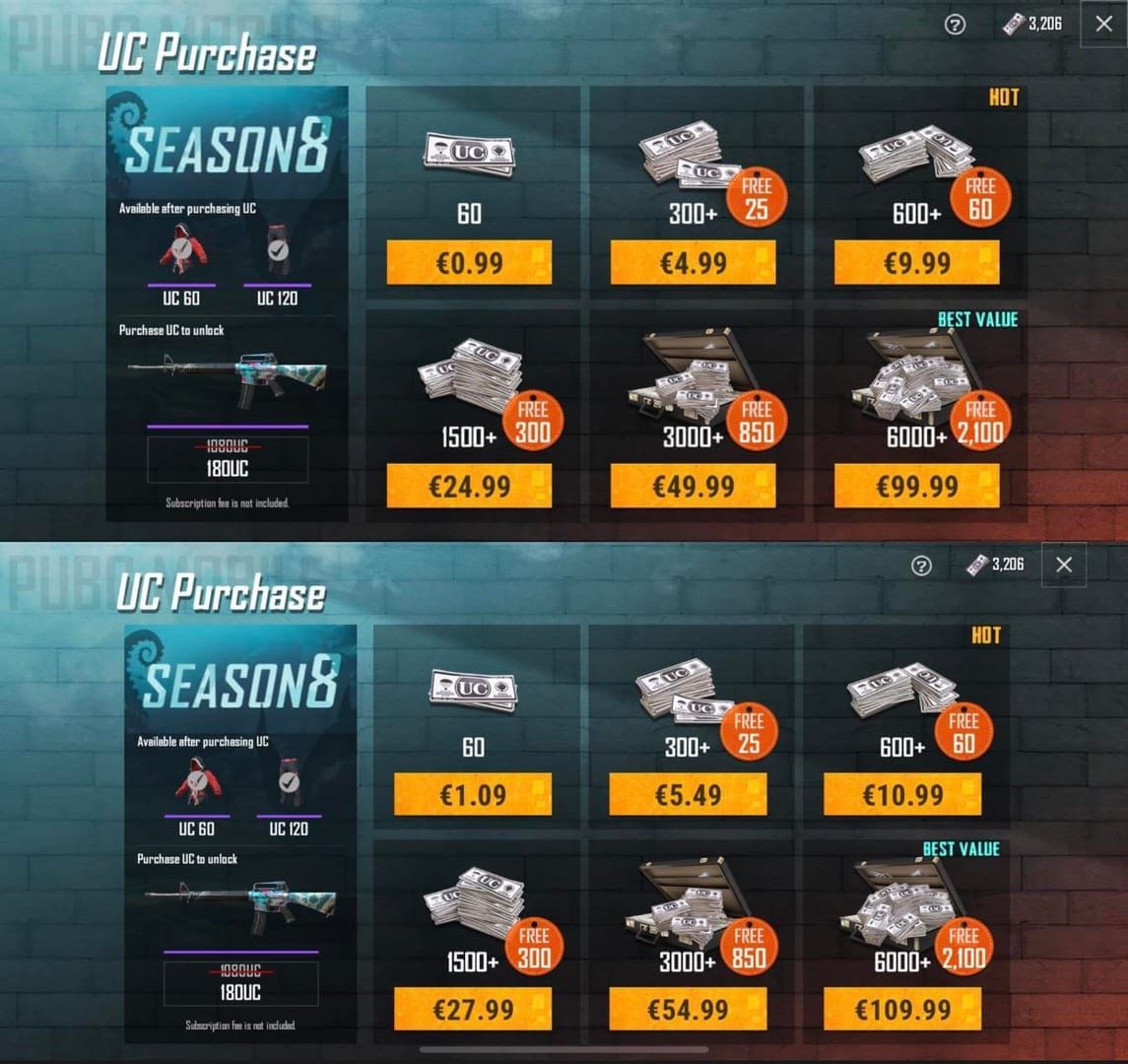 PUBG Mobile UC top-up interface showing Player ID entry and recharge package selection