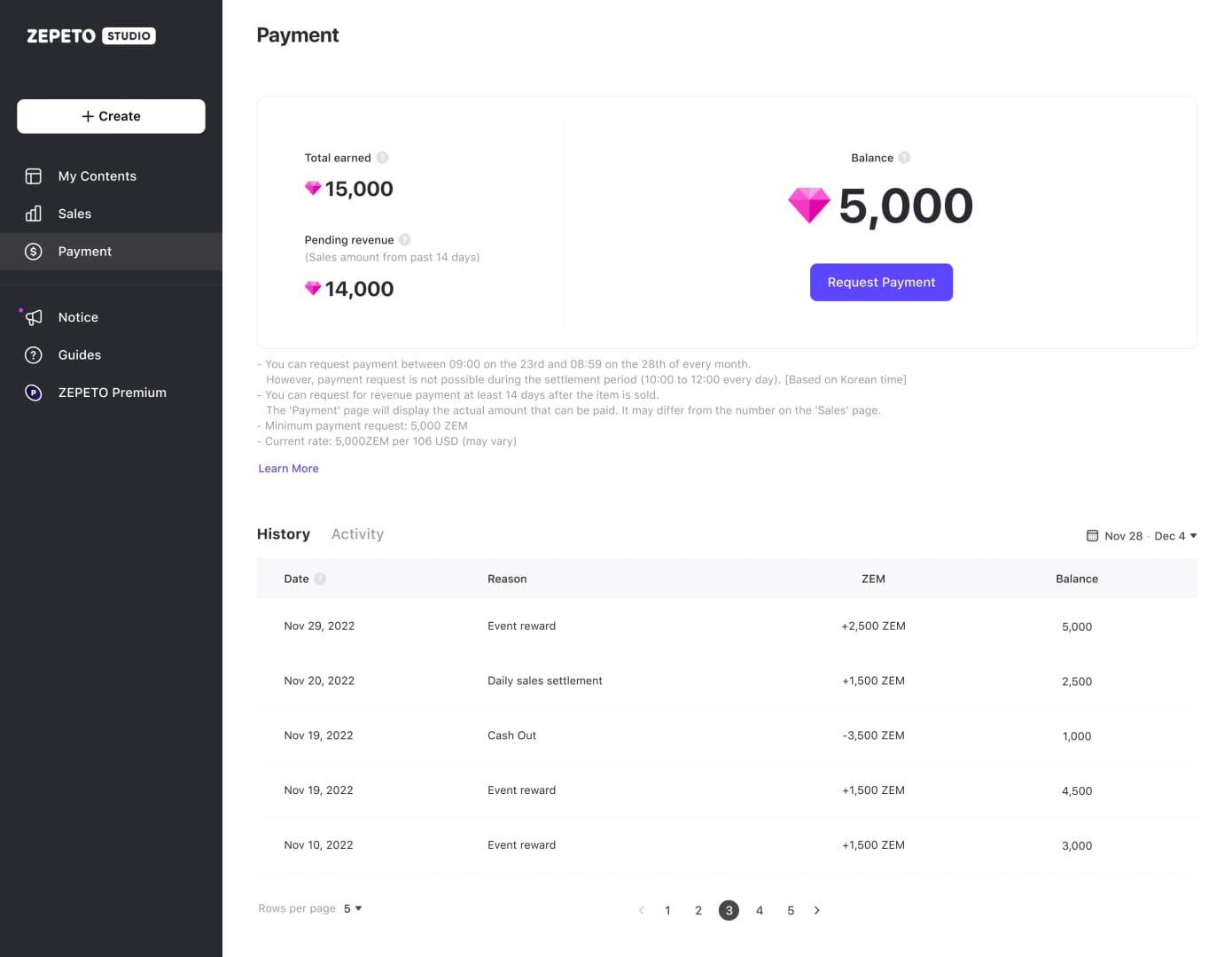 ZEPETO Zems and Coins checkout screen showing payment method and billing or currency selection for cross-border top-up