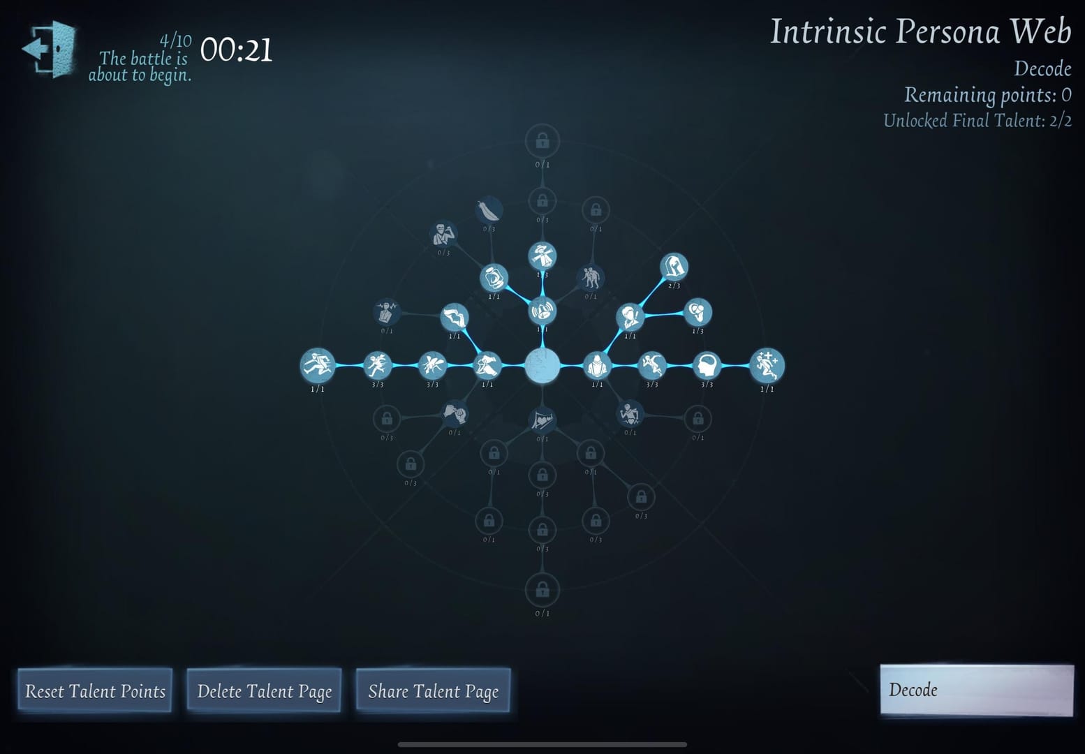 Identity V Persona Web interface showing hunter talent build options
